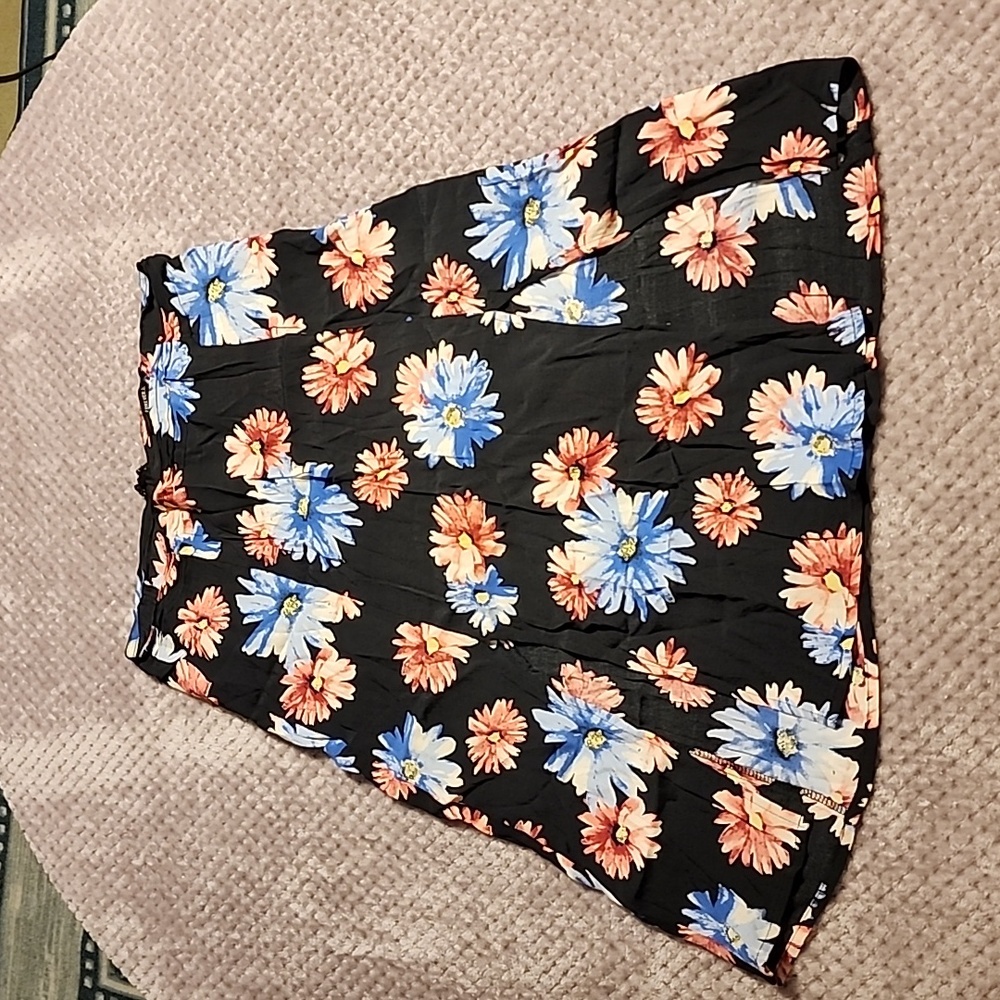 Forever 21 Black Midi Skirt with Blue and Orange Floral Print